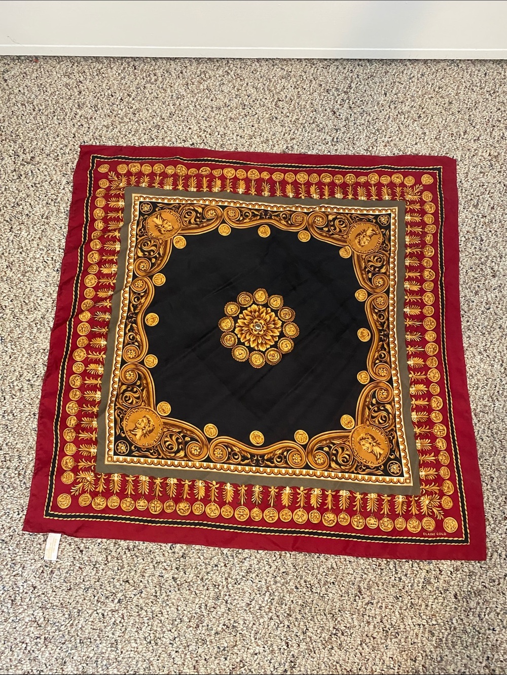 100% Silk Vintage Elaine Gold For Collection Red and Black Medallion XIIX Scarf